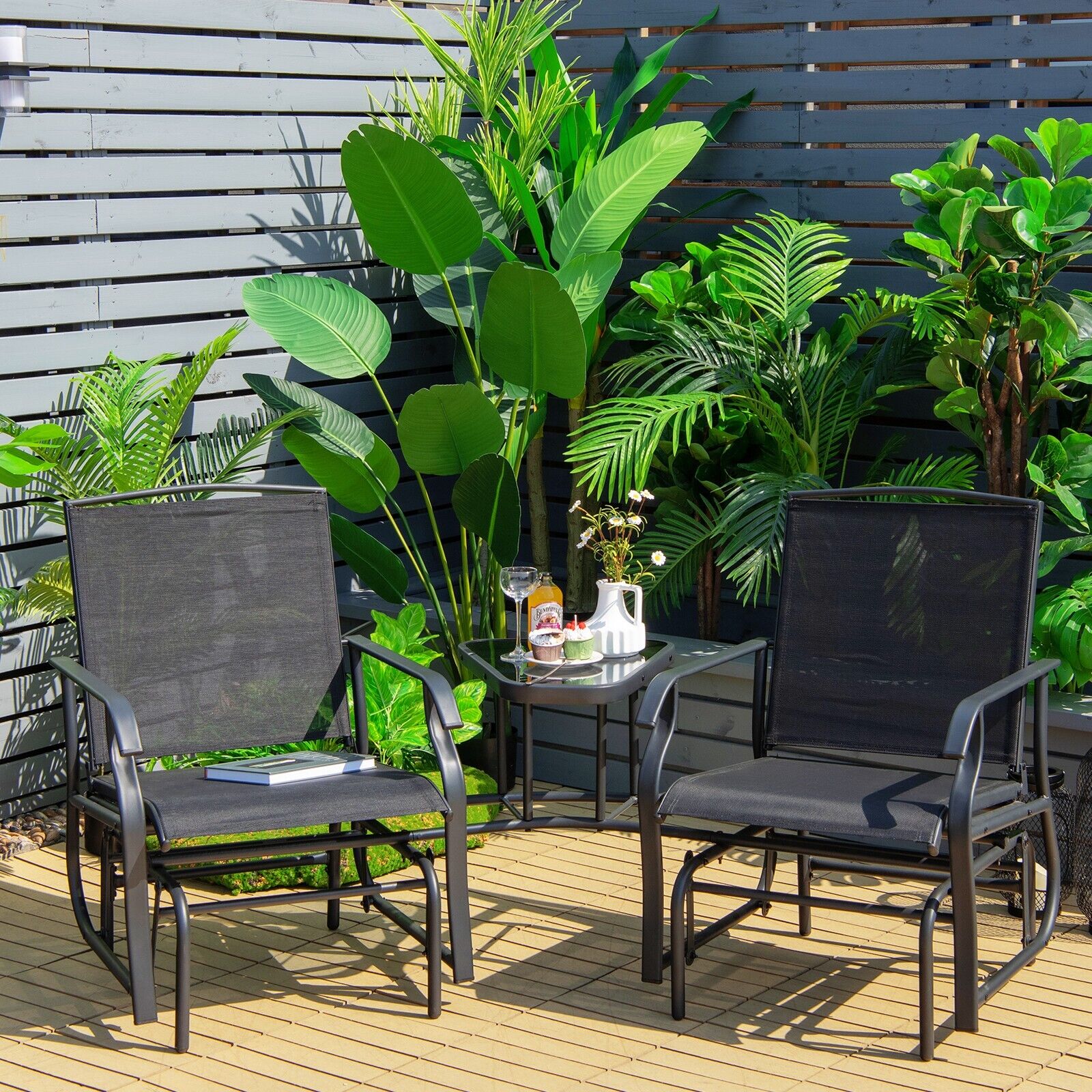 Outdoor Double Swing Glider Chair with Table and Umbrella Hole-Black