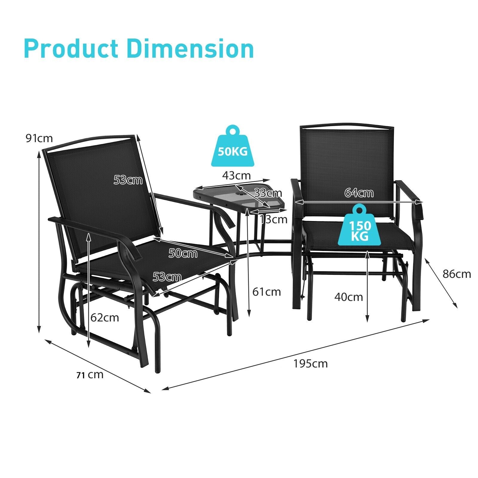 Outdoor Double Swing Glider Chair with Table and Umbrella Hole-Black