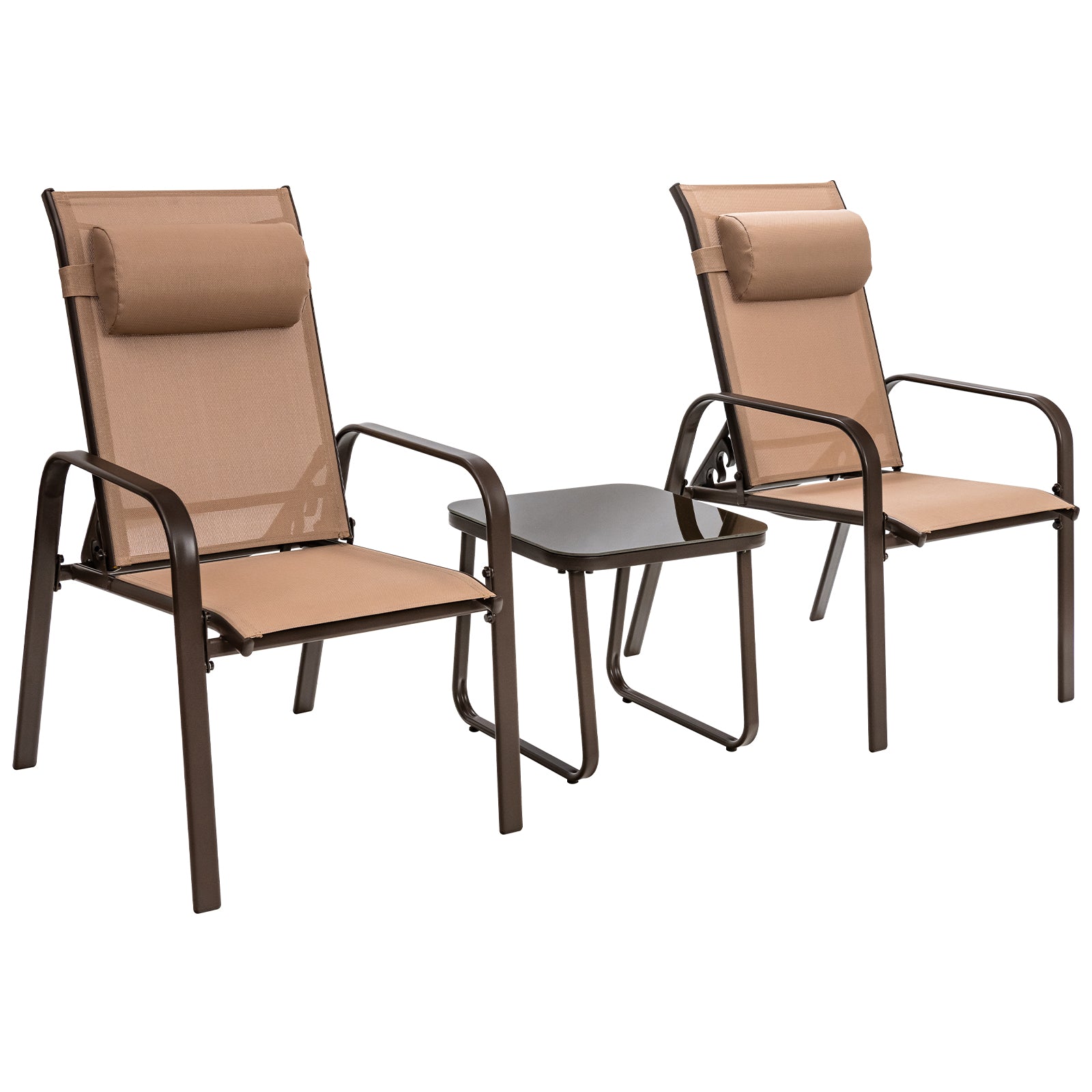 3 Pieces Patio Bistro Set with Coffee Table and 2 Stackable Chairs-Brown