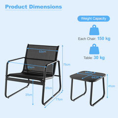 3 Pieces Patio Conversation Set with Breathable Fabric and Tempered Glass Tabletop-Black