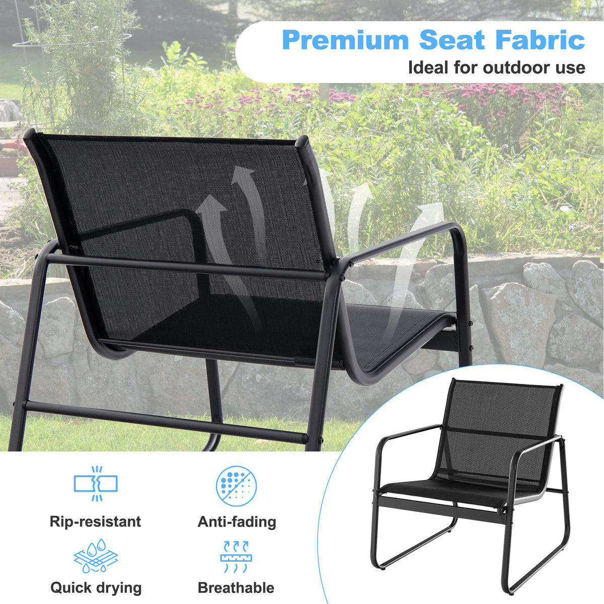 3 Pieces Patio Conversation Set with Breathable Fabric and Tempered Glass Tabletop-Black