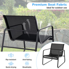 3 Pieces Patio Conversation Set with Breathable Fabric and Tempered Glass Tabletop-Black