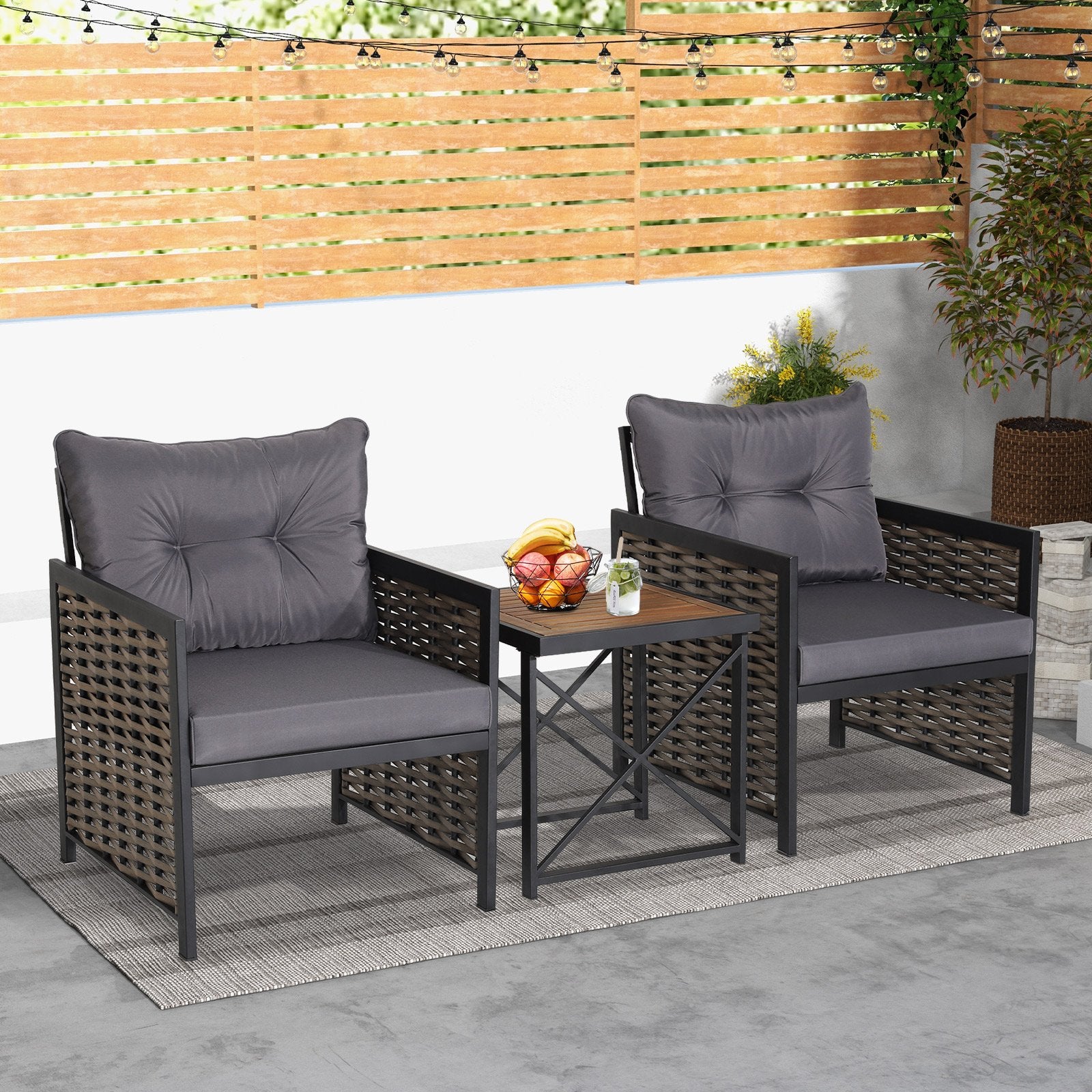 3 Pieces Patio Rattan Bistro Set with Acacia Wood Tabletop-Grey