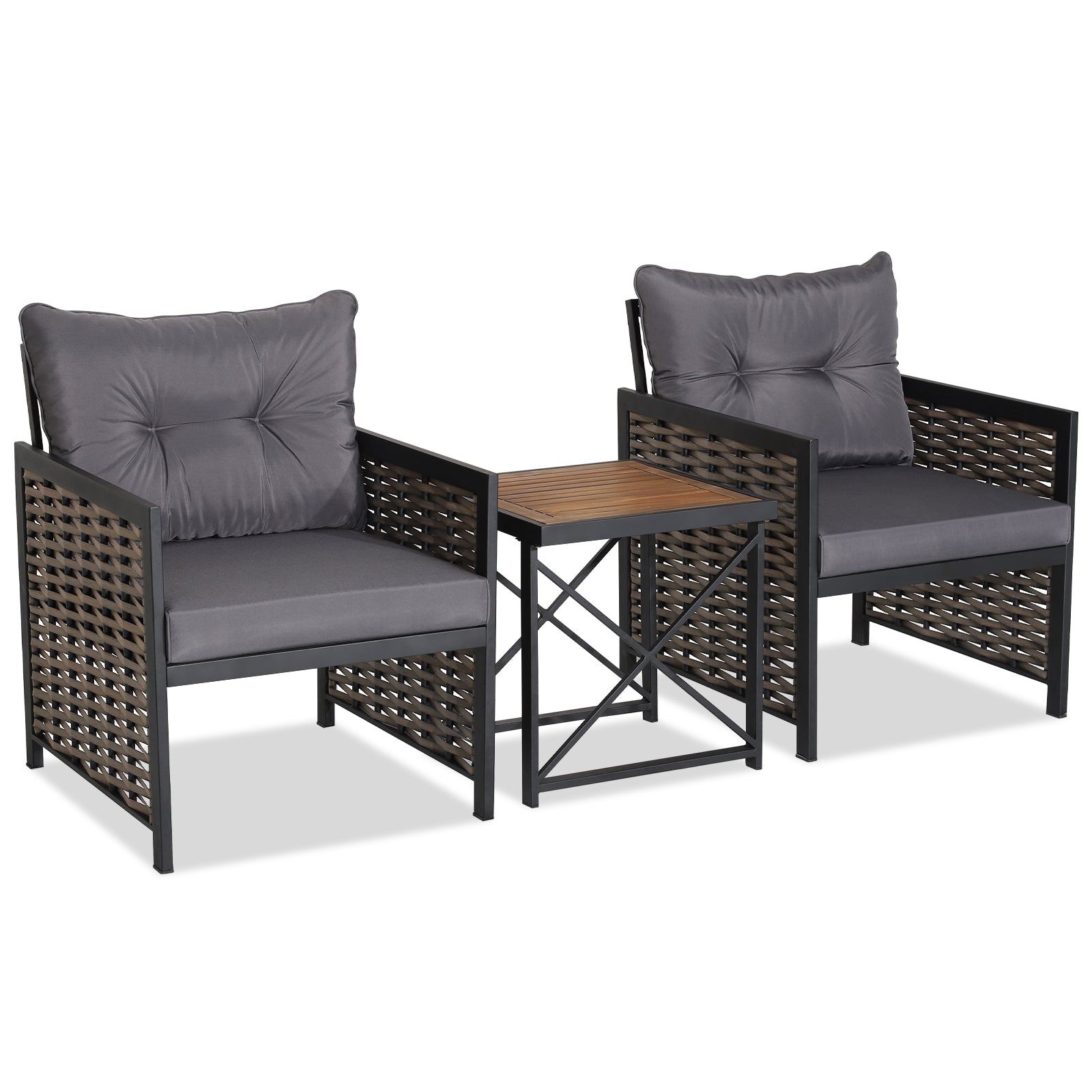 3 Pieces Patio Rattan Bistro Set with Acacia Wood Tabletop-Grey