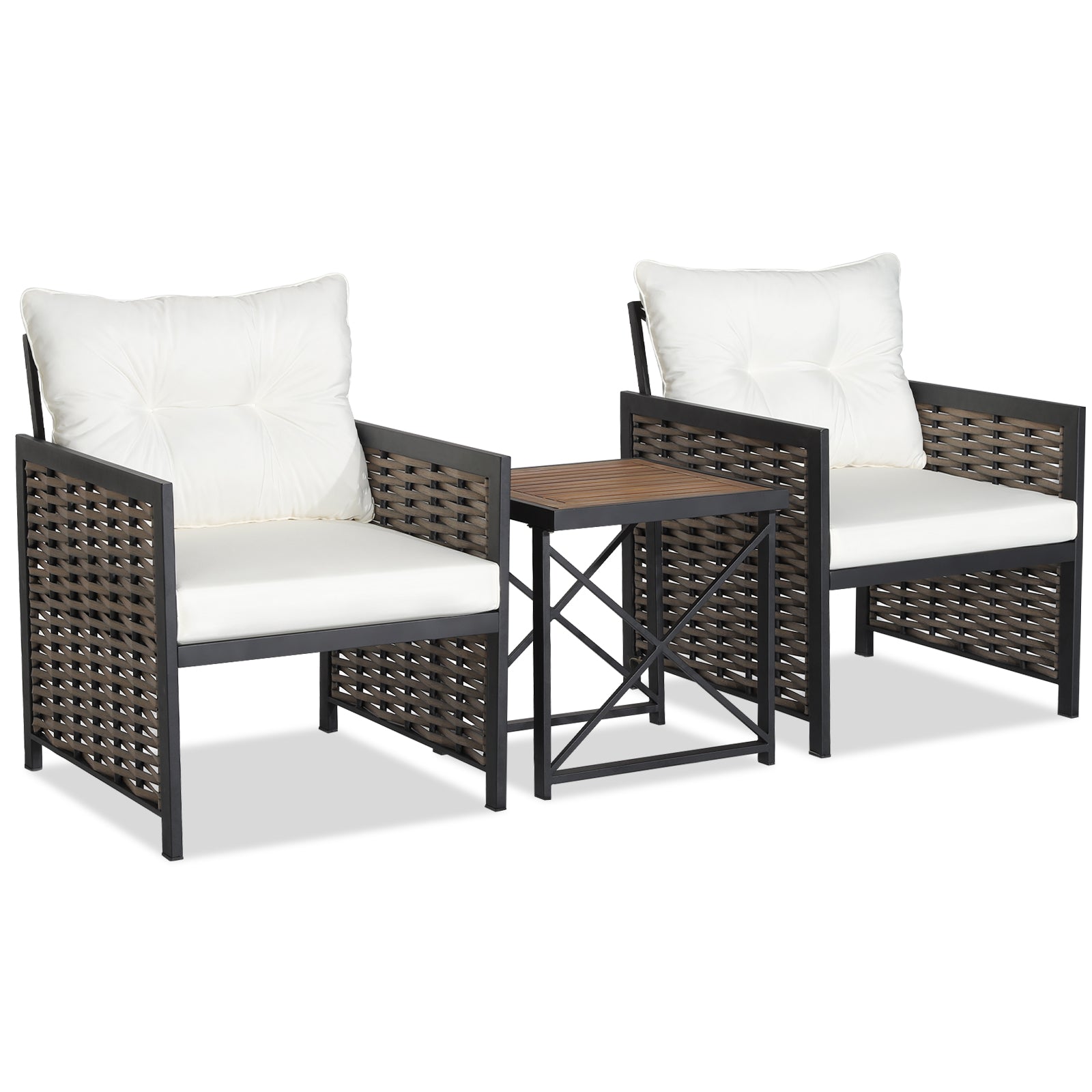 3 Pieces Patio Rattan Bistro Set with Acacia Wood Tabletop-White