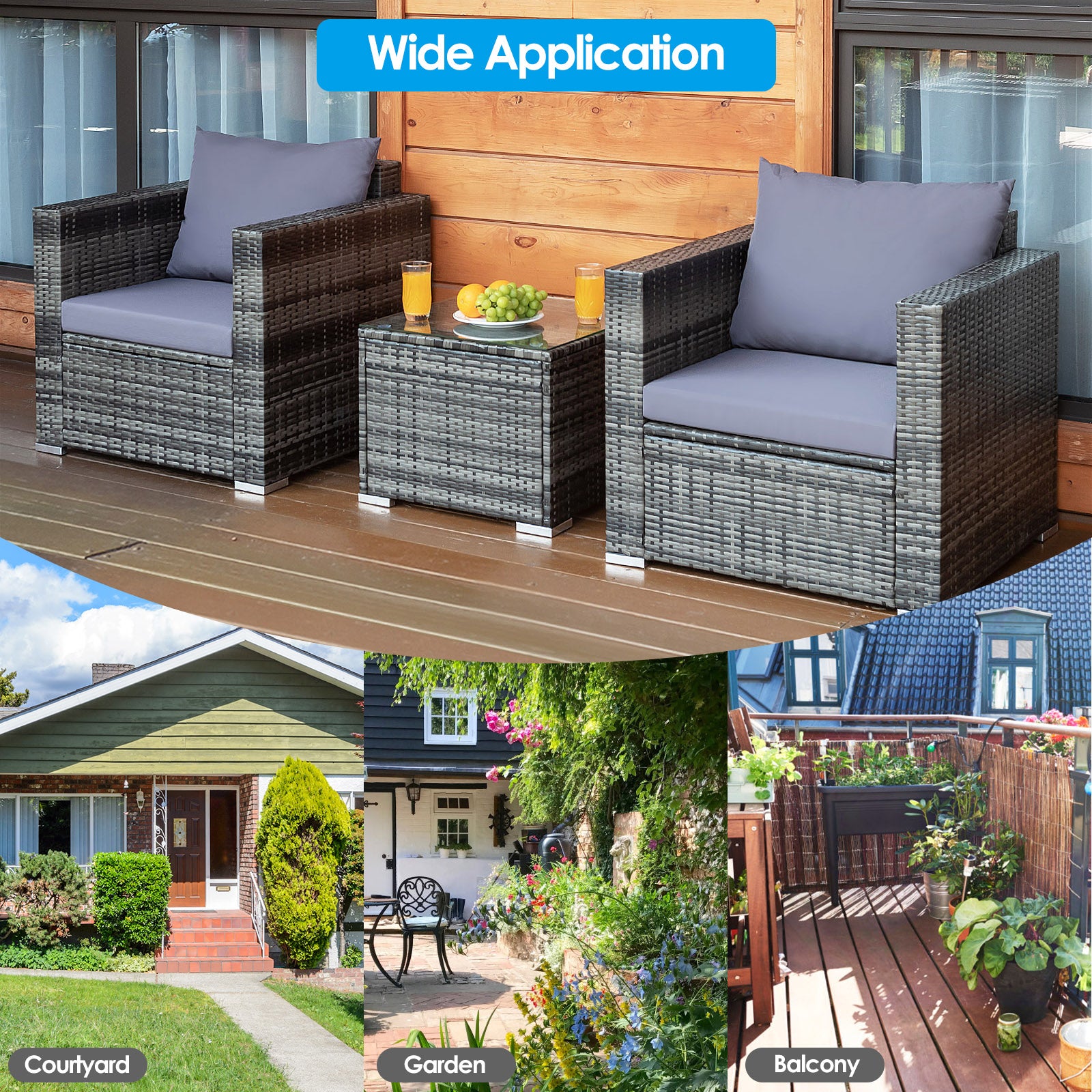 3 Pieces Rattan Bistro Set with Cushions for Balcony-Grey