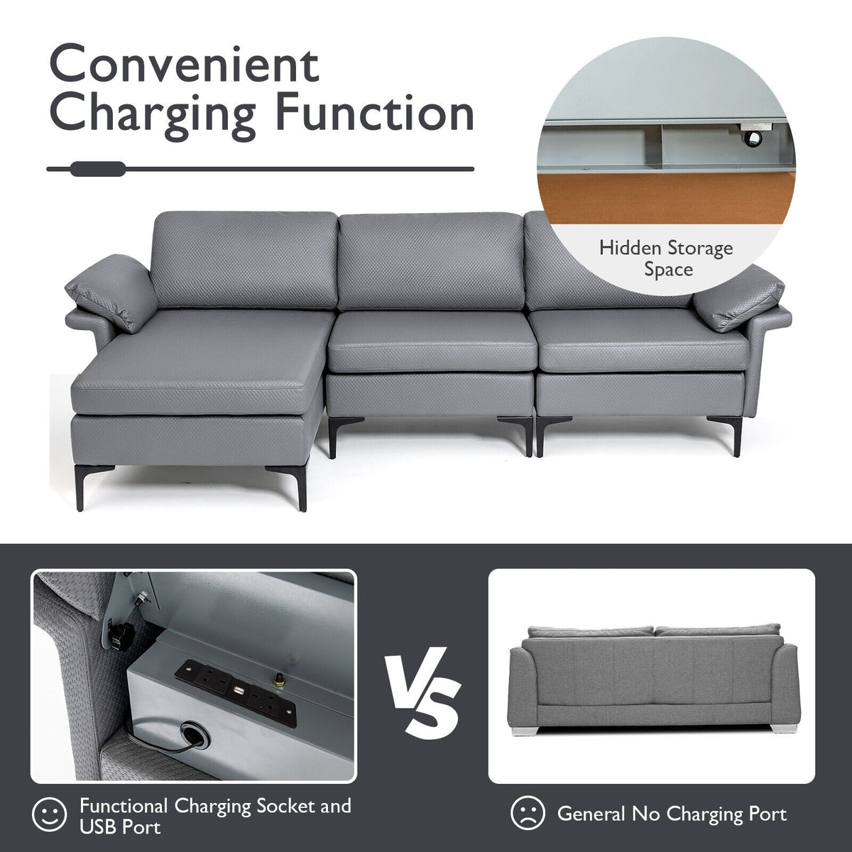 L-shaped 3-Seat Upholstered Sectional Sofa-Grey
