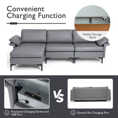 L-shaped 3-Seat Upholstered Sectional Sofa-Grey