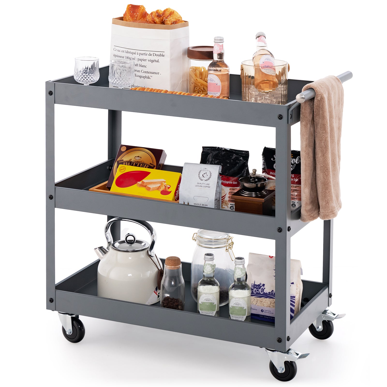 3 Shelf Rolling Metal Utility Cart with Ergonomic Handle-Grey