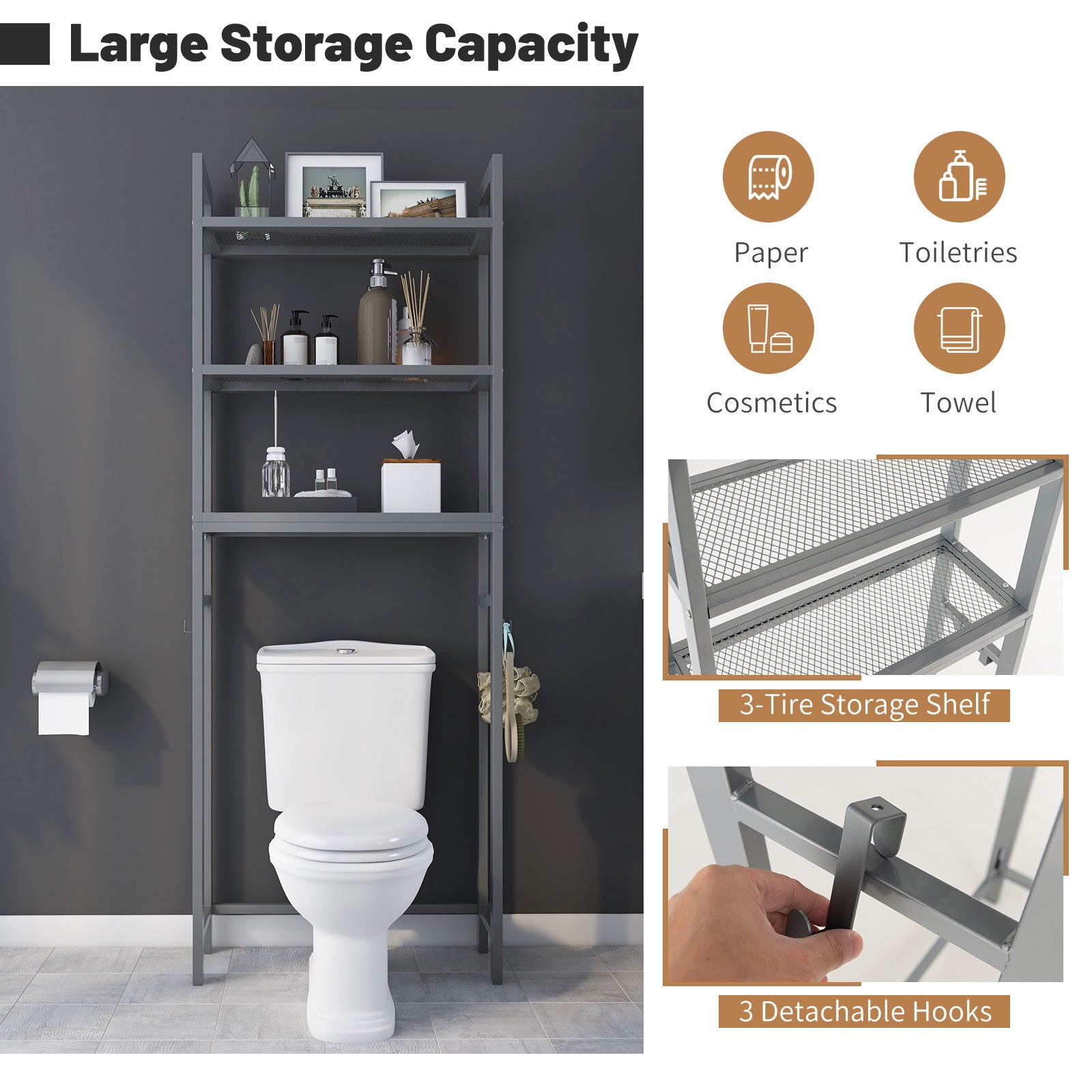 Over-The-Toilet Storage Shelf with Anti-tipping Device and Hooks-Grey