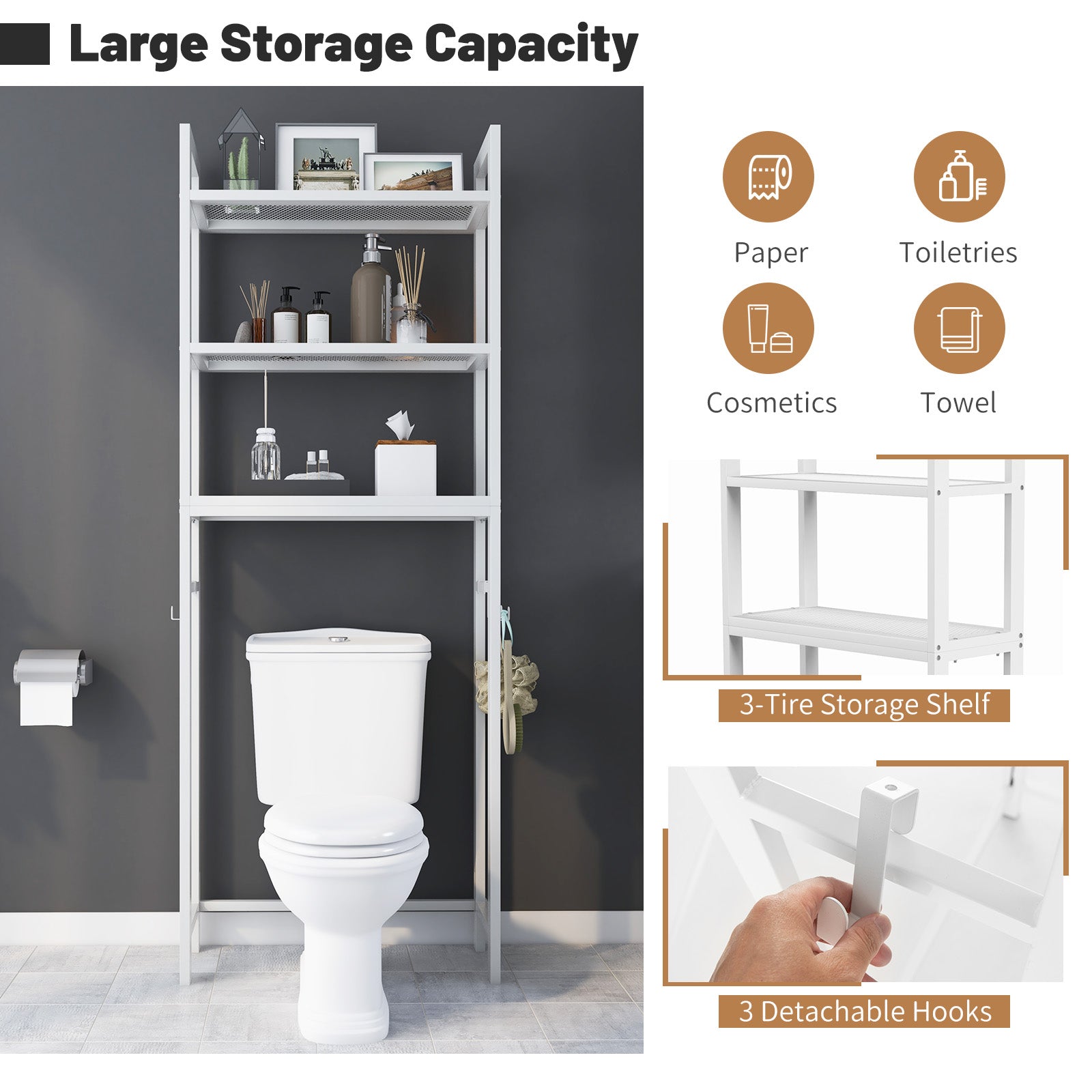 Over-The-Toilet Storage Shelf with Anti-tipping Device and Hooks-White