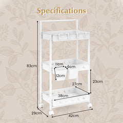 3-Tier Rolling Storage Cart with 2 Hanging Cups and 4 Hooks-White