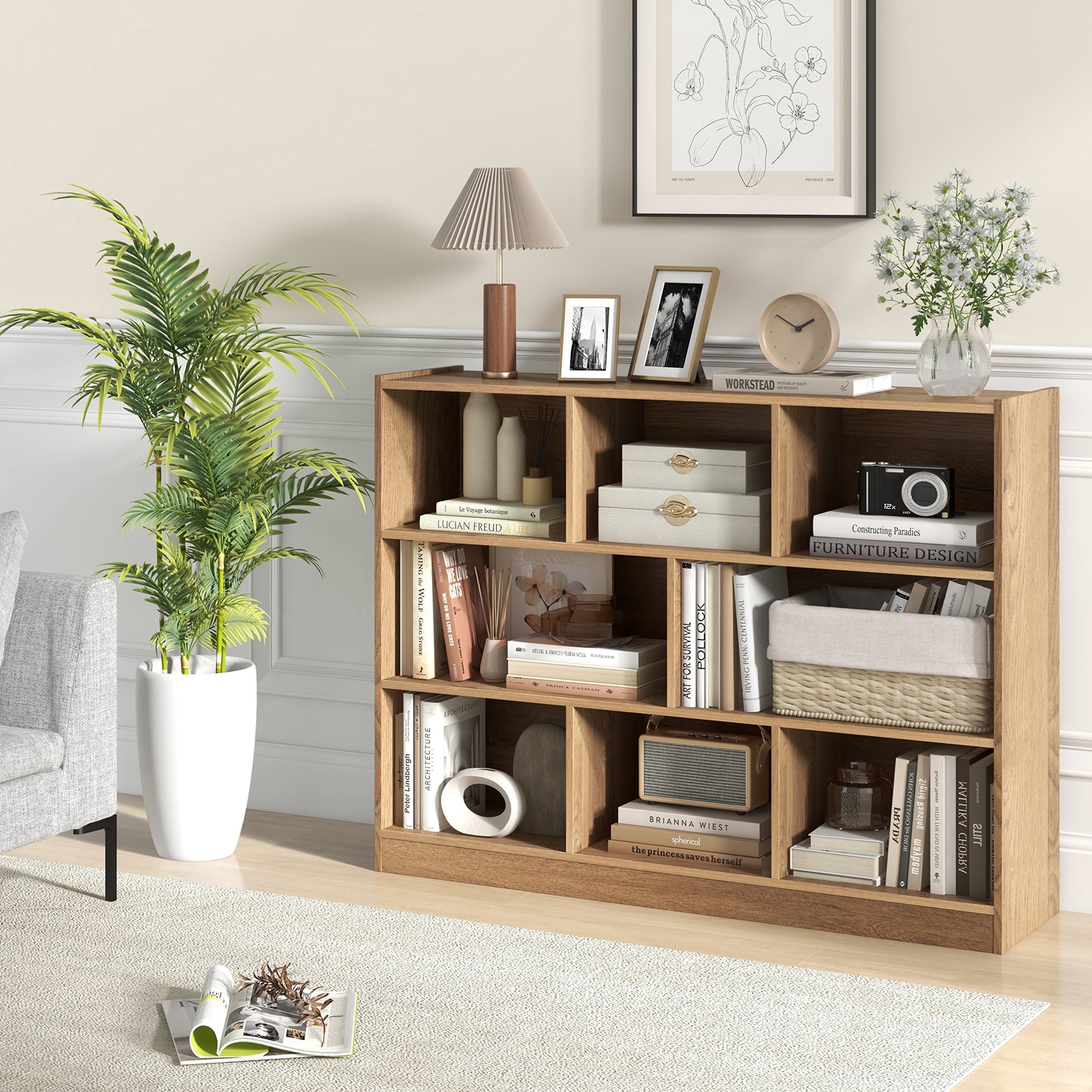 3-Tier Wooden Cube Bookcase with 8 Compartments-Natural