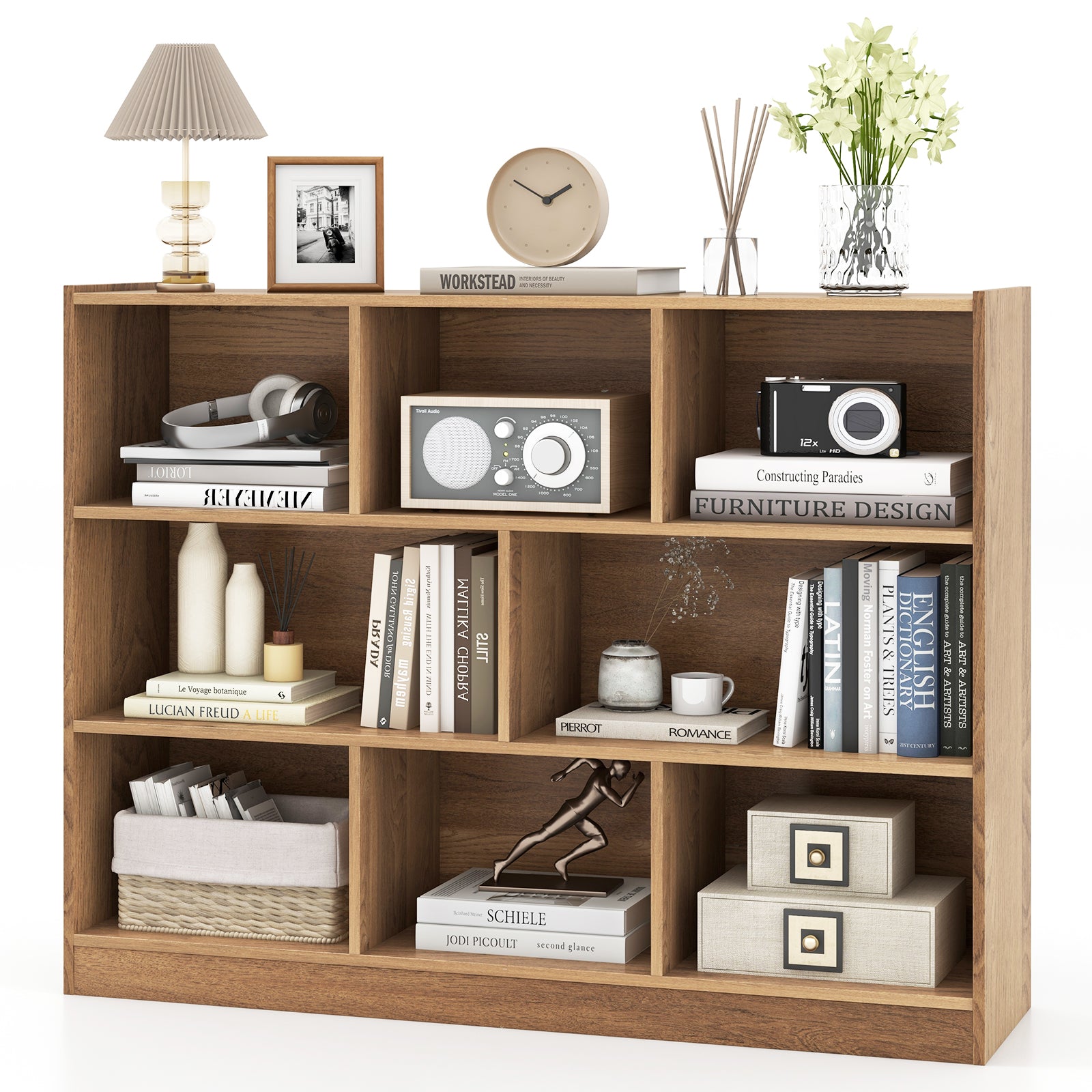 3-Tier Wooden Cube Bookcase with 8 Compartments-Natural
