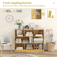 The wooden bookcase with anti-toppling devices shown attached to the wall