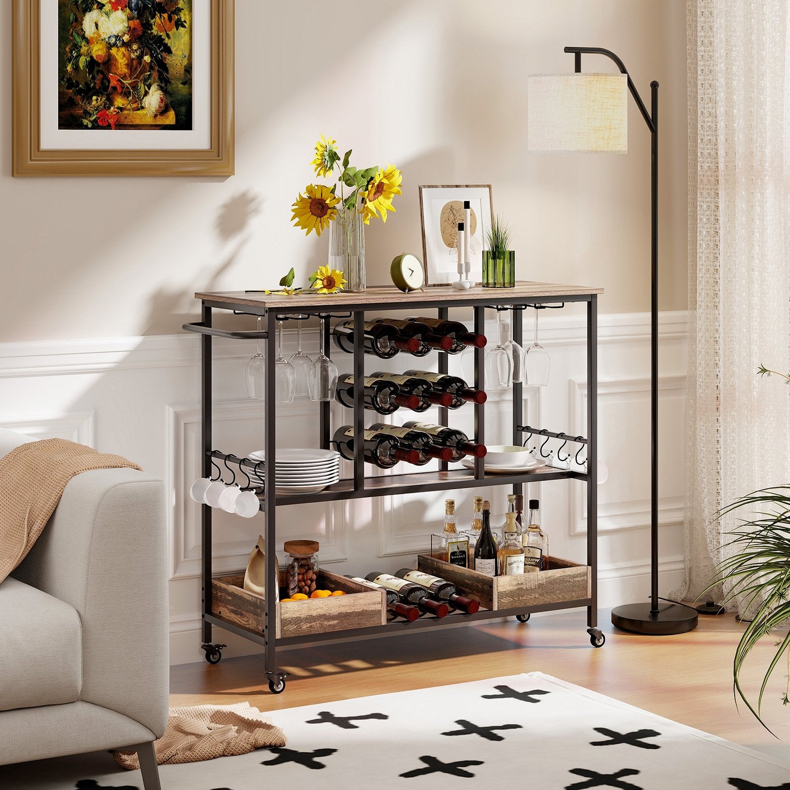 3 Tiers Bar Cart on Wheels with Glass Racks-Brown
