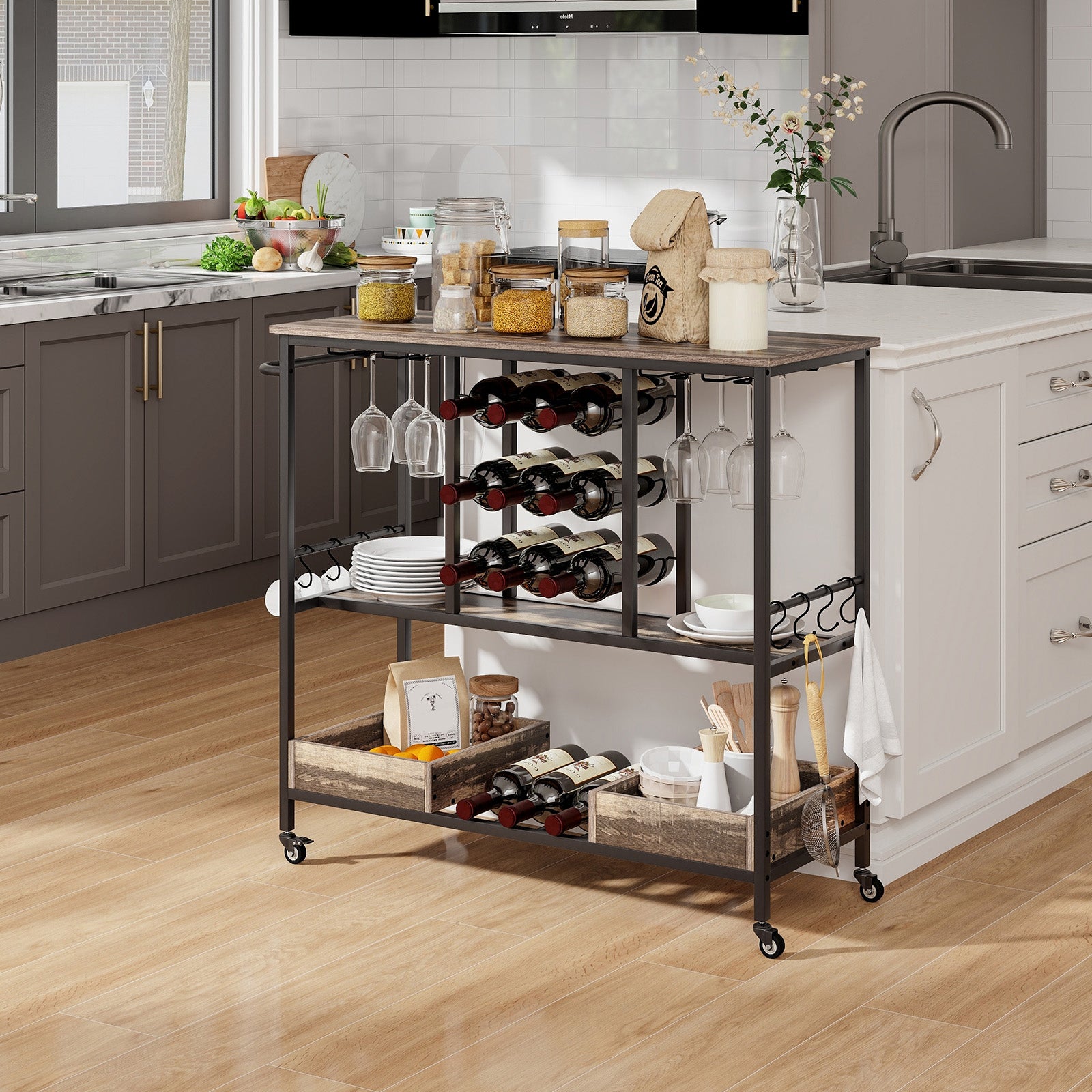 3 Tiers Bar Cart on Wheels with Glass Racks-Brown