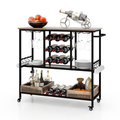 3 Tiers Bar Cart on Wheels with Glass Racks-Brown