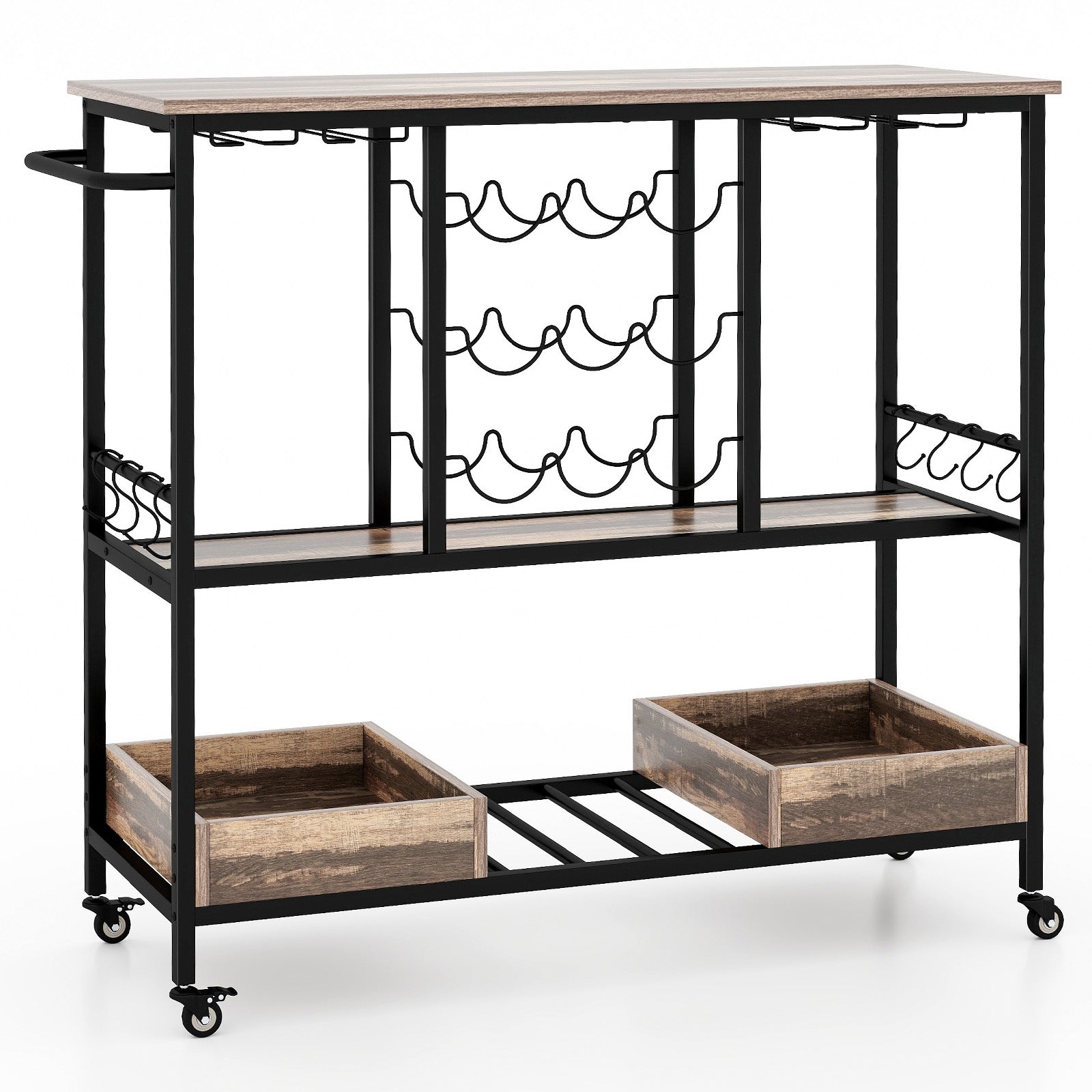 3 Tiers Bar Cart on Wheels with Glass Racks-Brown