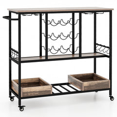 3 Tiers Bar Cart on Wheels with Glass Racks-Brown