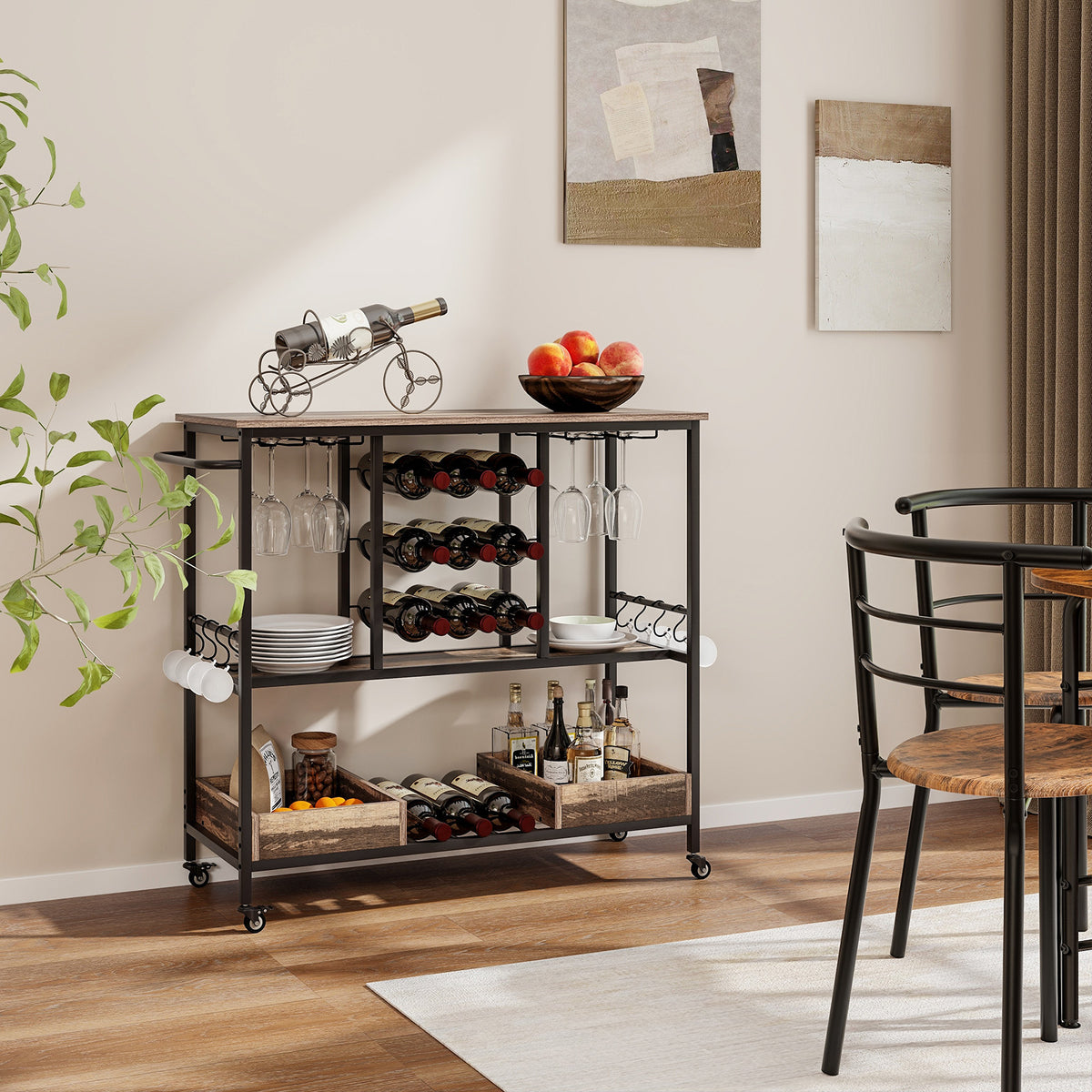 3 Tiers Bar Cart on Wheels with Glass Racks-Brown