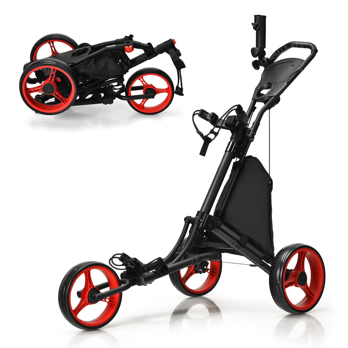 3 Wheel Golf Push Pull Cart with Adjustable Height Handle-Red