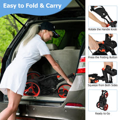 3 Wheel Golf Push Pull Cart with Adjustable Height Handle-Red