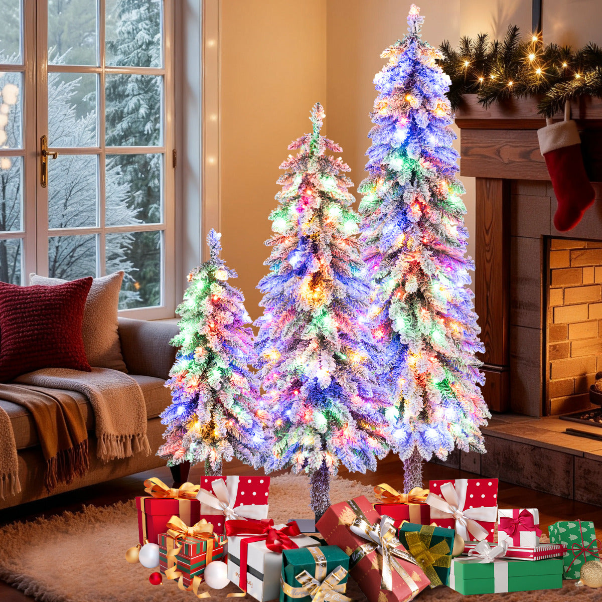 3' 4' 5' Artificial Christmas Tree Set with 115 + 207 + 275 Branch Tips and 50 + 100 + 150 Colorful LED Lights