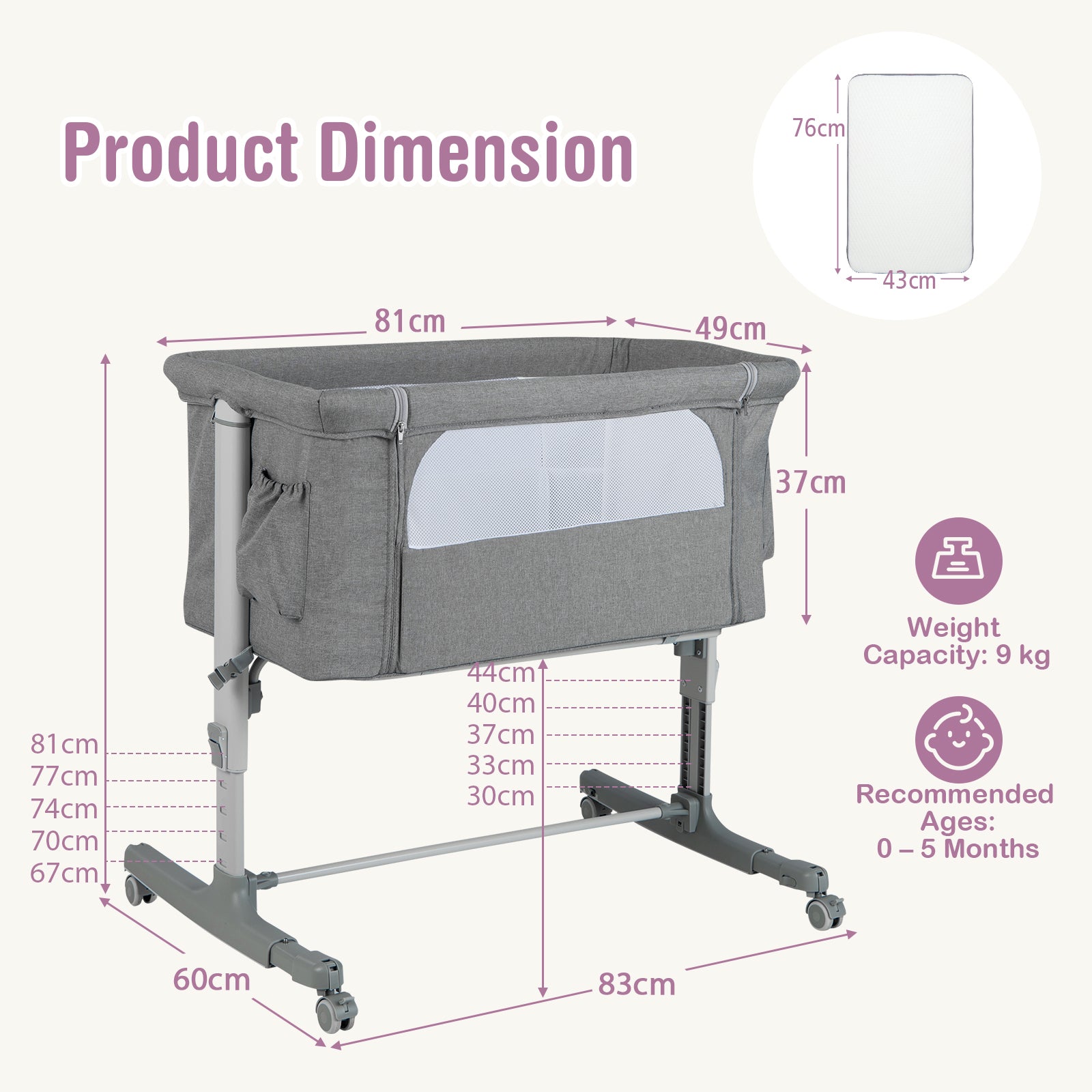 3-in-1 Adjustable Baby Bedside Bassinet with Mattress-Light Grey