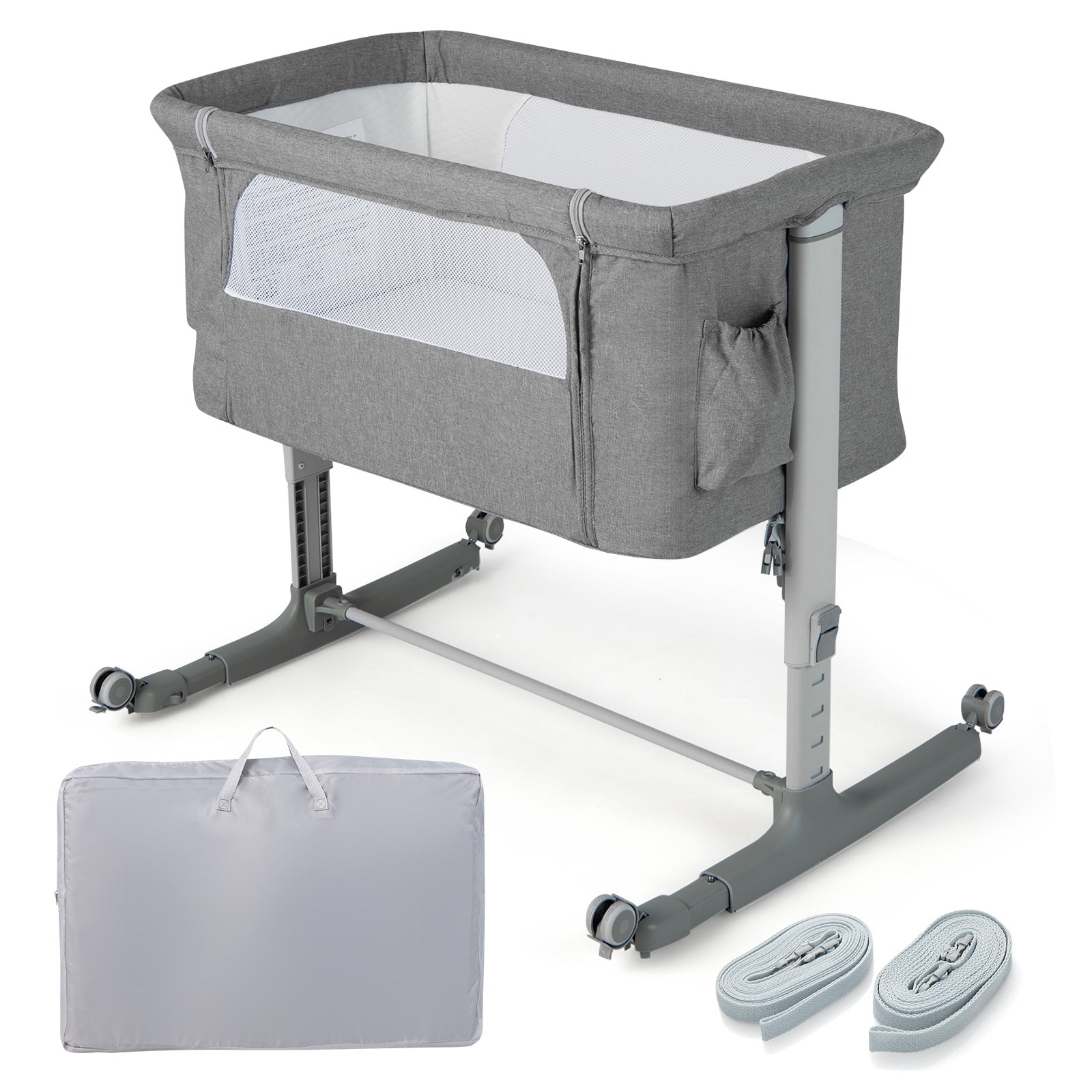 3-in-1 Adjustable Baby Bedside Bassinet with Mattress-Light Grey