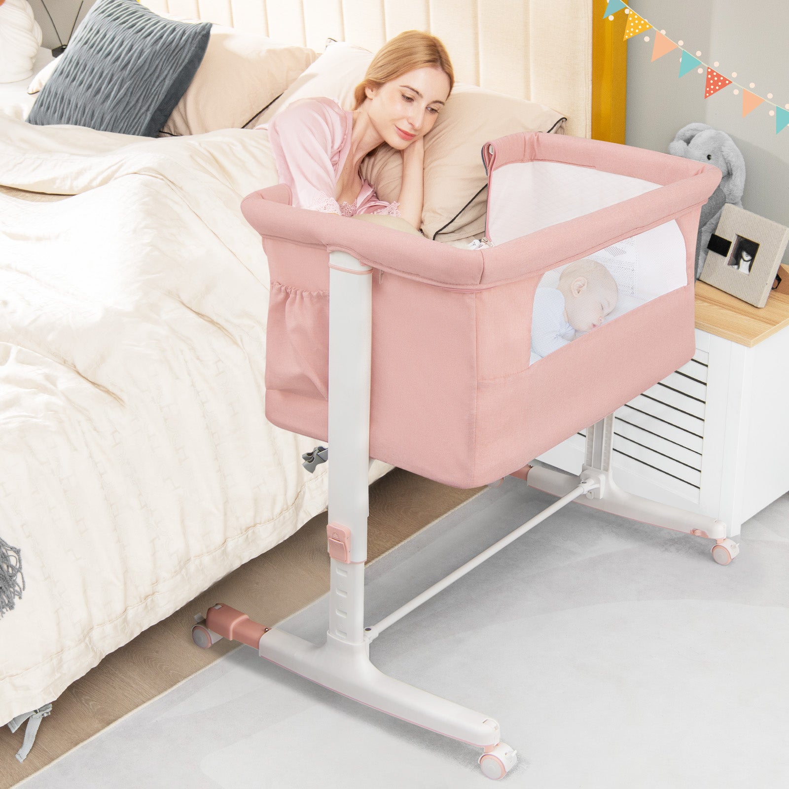3-in-1 Adjustable Baby Bedside Bassinet with Mattress-Pink
