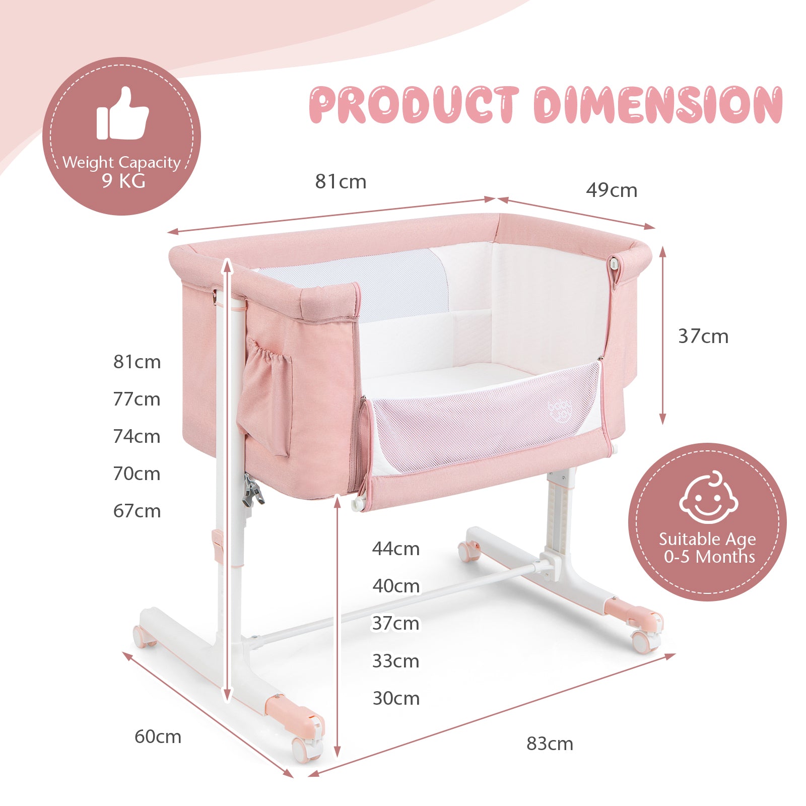 3-in-1 Adjustable Baby Bedside Bassinet with Mattress-Pink