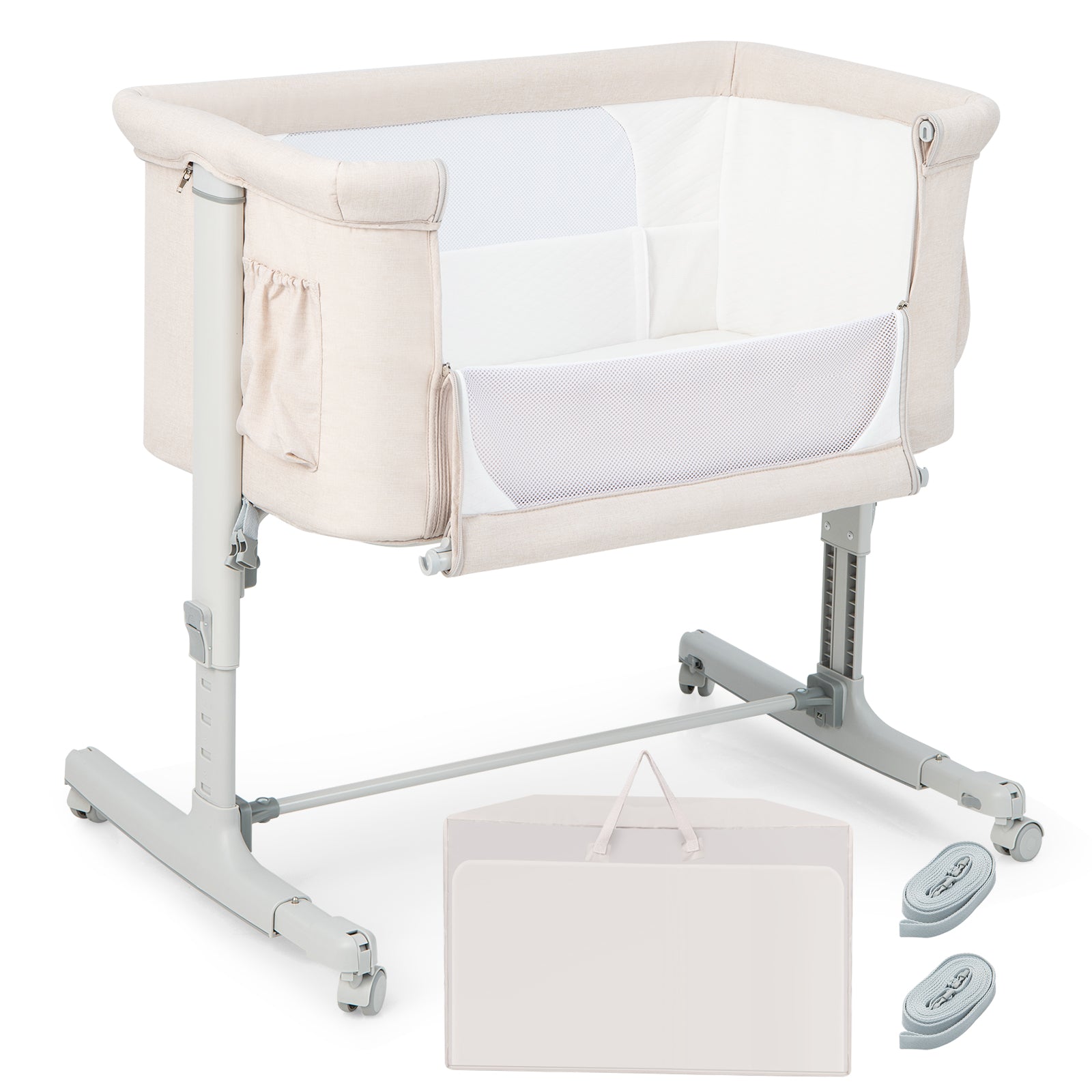3-in-1 Adjustable Baby Bedside Bassinet with Mattress-Beige