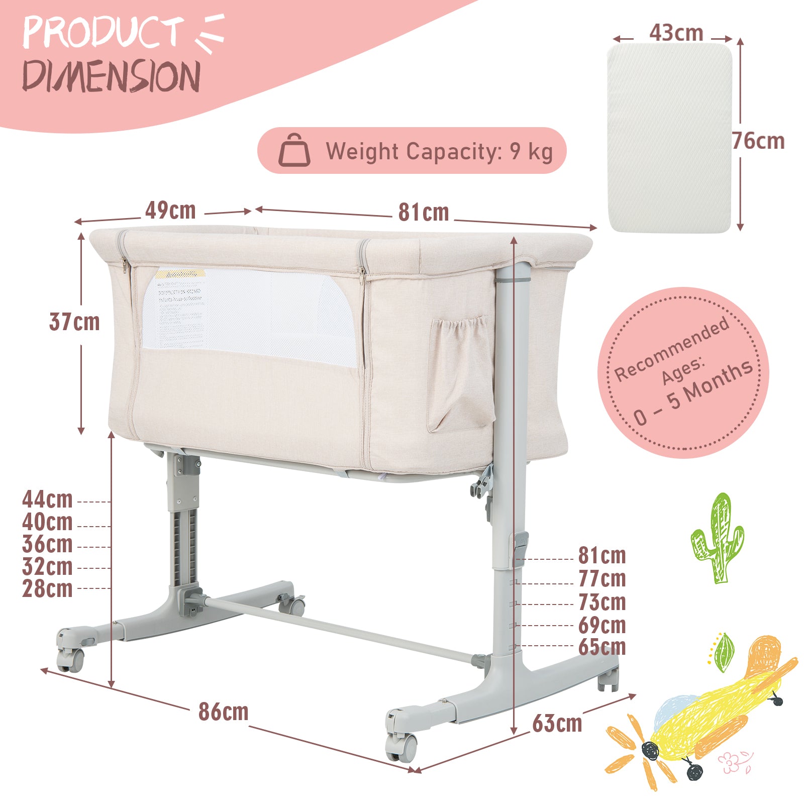3-in-1 Adjustable Baby Bedside Bassinet with Mattress-Beige
