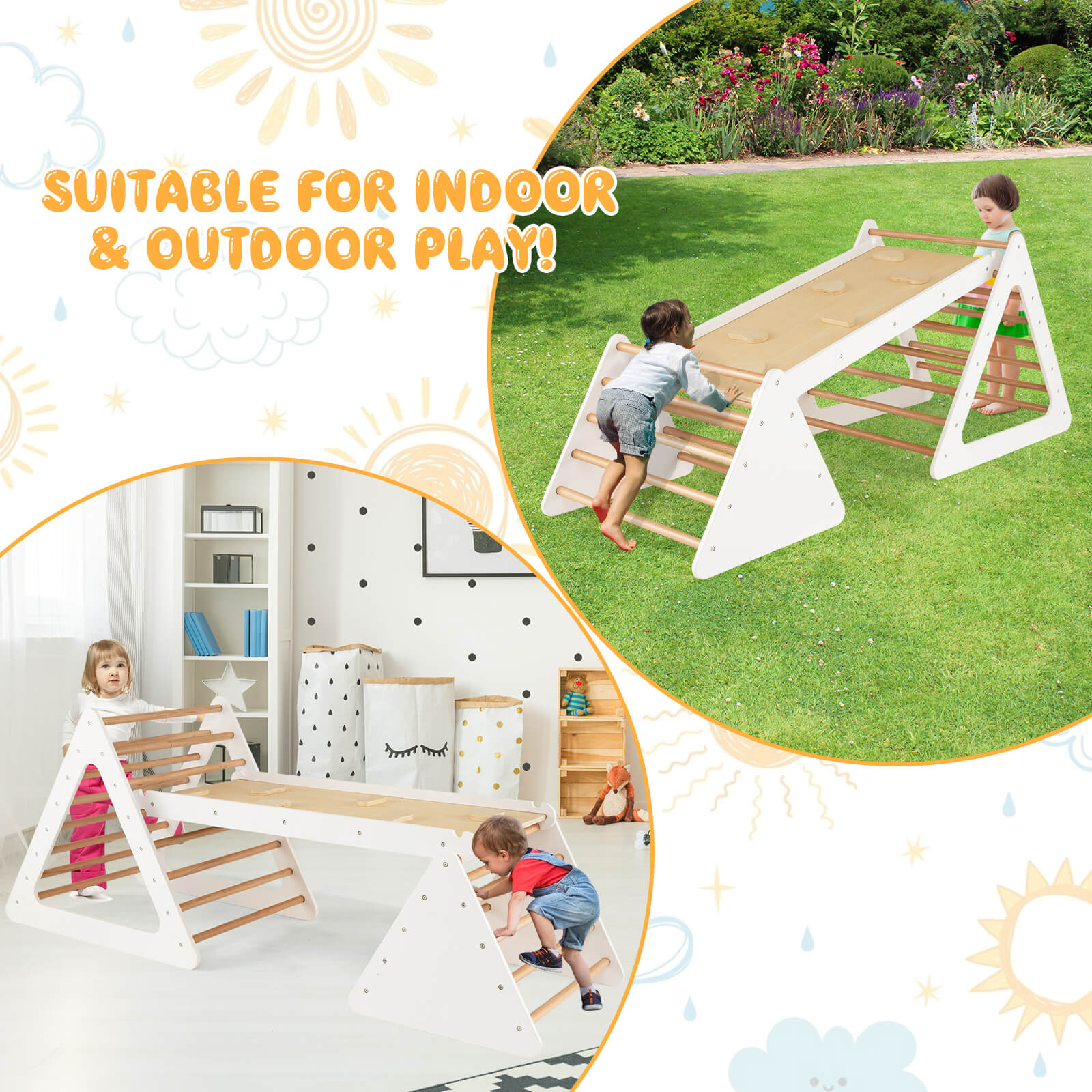 3 in 1 Climbing Toy Set with 2 Triangle Ladders and Double-Sided Ramp-White