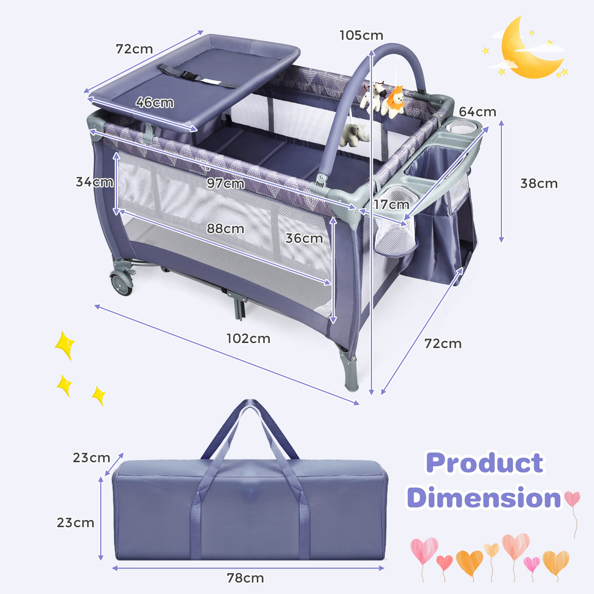 3 in 1 Convertible Bassinet Cot, the baby playpen and storage bag with arrows indicating the dimensions of each part