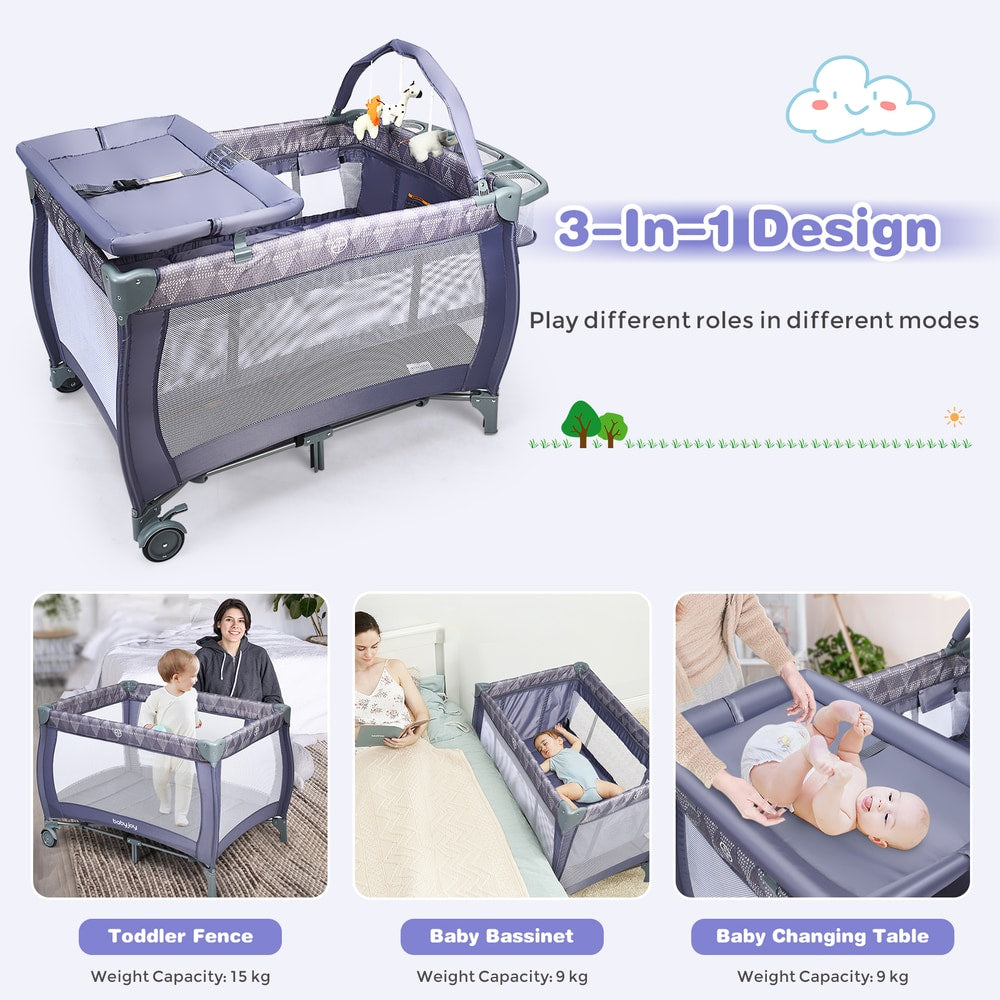 3 in 1 Convertible Bassinet Cot, the baby playpen showing three different modes of use with text labels for each setup