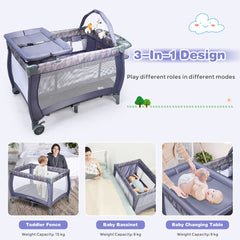 3 in 1 Convertible Bassinet Cot, the baby playpen showing three different modes of use with text labels for each setup
