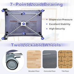 3 in 1 Convertible Bassinet Cot, the baby playpen base showing seven support points and a close-up of the lockable wheel