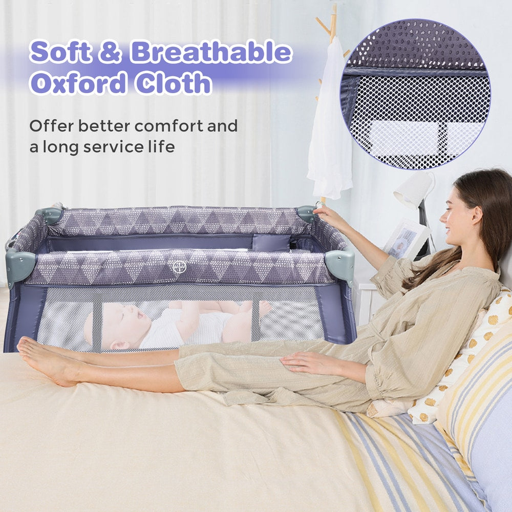 3 in 1 Convertible Bassinet Cot, the baby playpen placed next to a bed with a close-up of the breathable mesh fabric