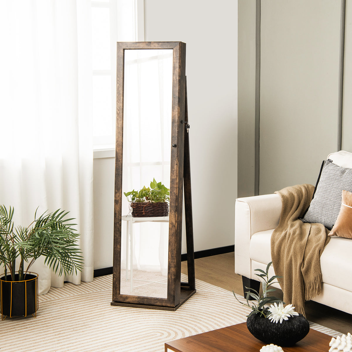 3-in-1 Mirrored Jewelry Armoire with Display Shelves-Brown