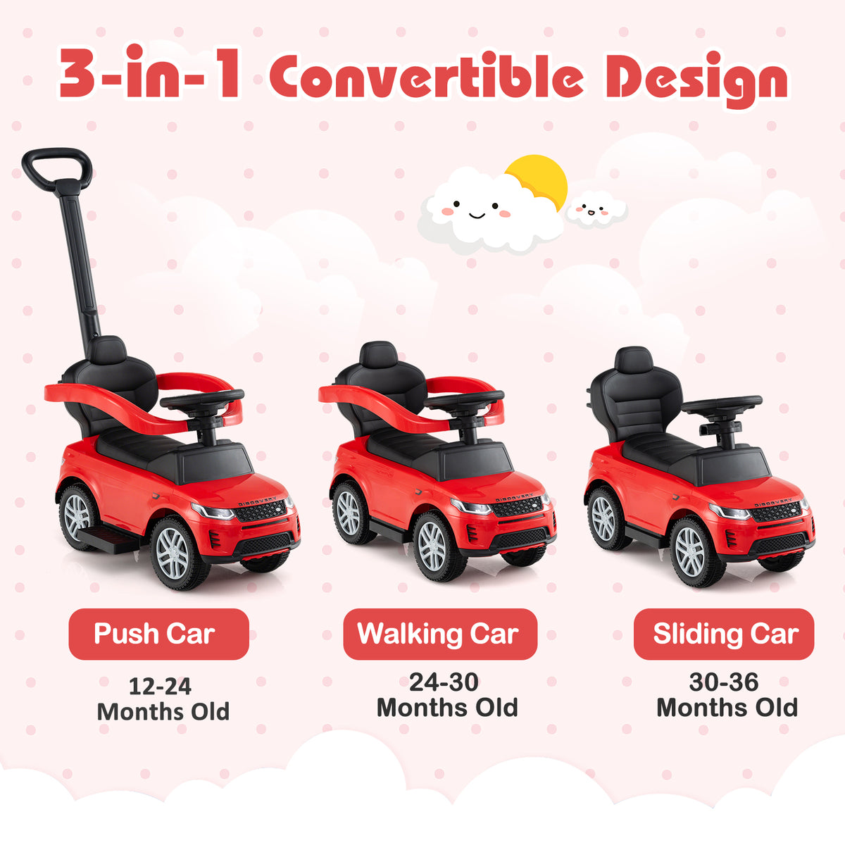 3 in 1 Push Car for Toddlers Licensed Land Rover Discovery Ride on Toy-Red