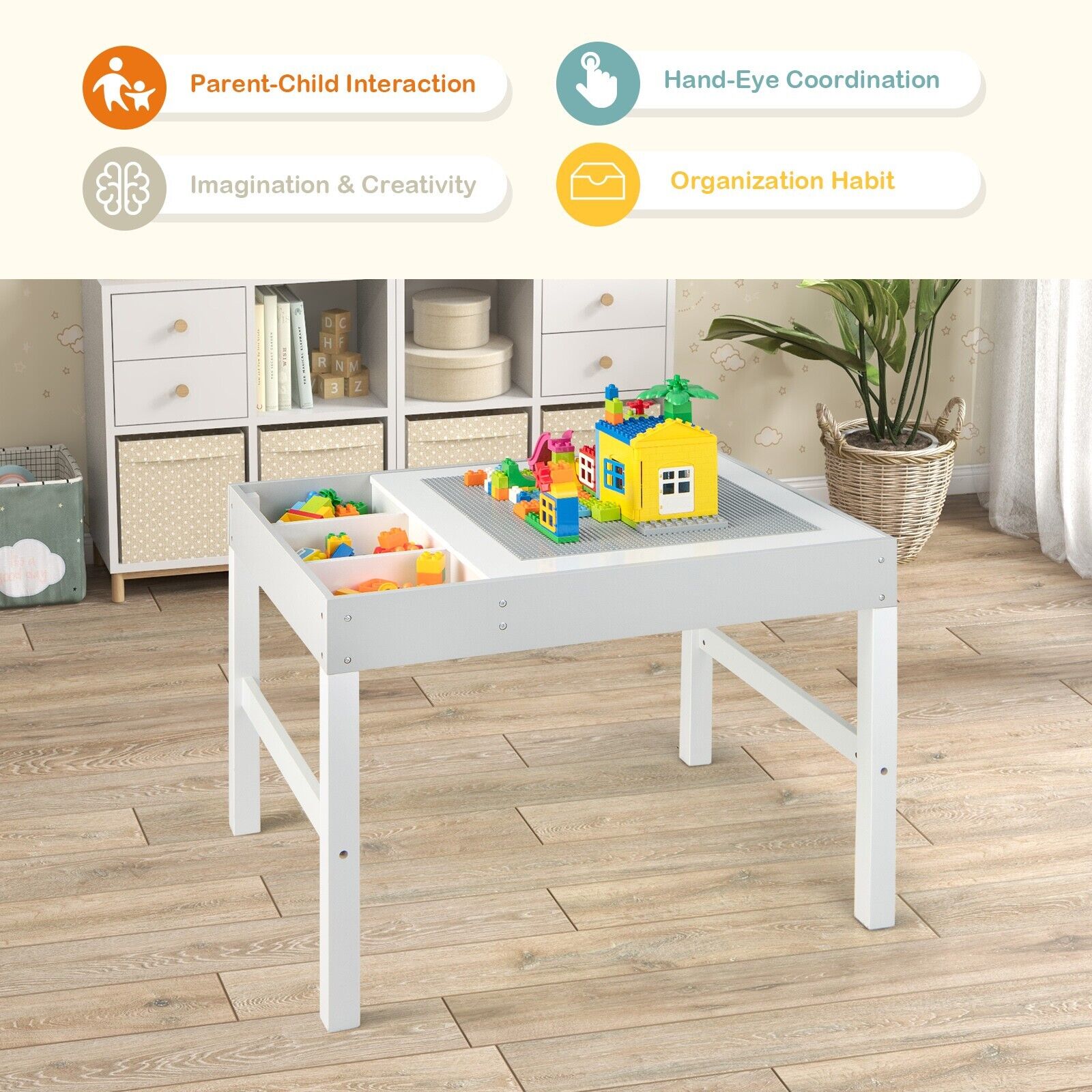 3-in-1 Wooden Kids Activity Table with Reversible and Removable Tabletop-White