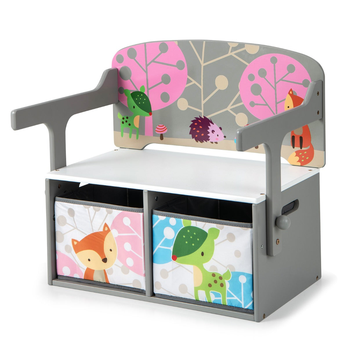 3 in 1 Kids Convertible Activity Bench with 2 Removable Fabric Bins for Drawing Playing-Grey