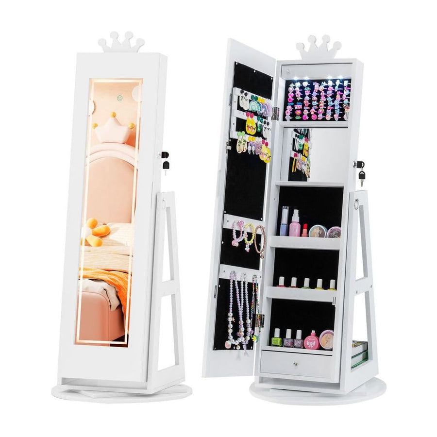 3 In 1 Kids Jewelry Cabinet 360° Swivel Jewelry Armoire with Mirror-White