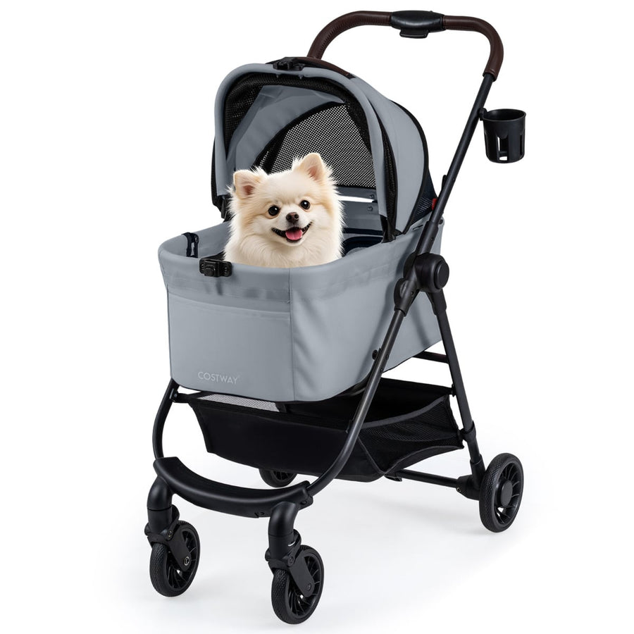 3-in-1 Pet Stroller One-hand Folding Dog Stroller Car Seat-Grey