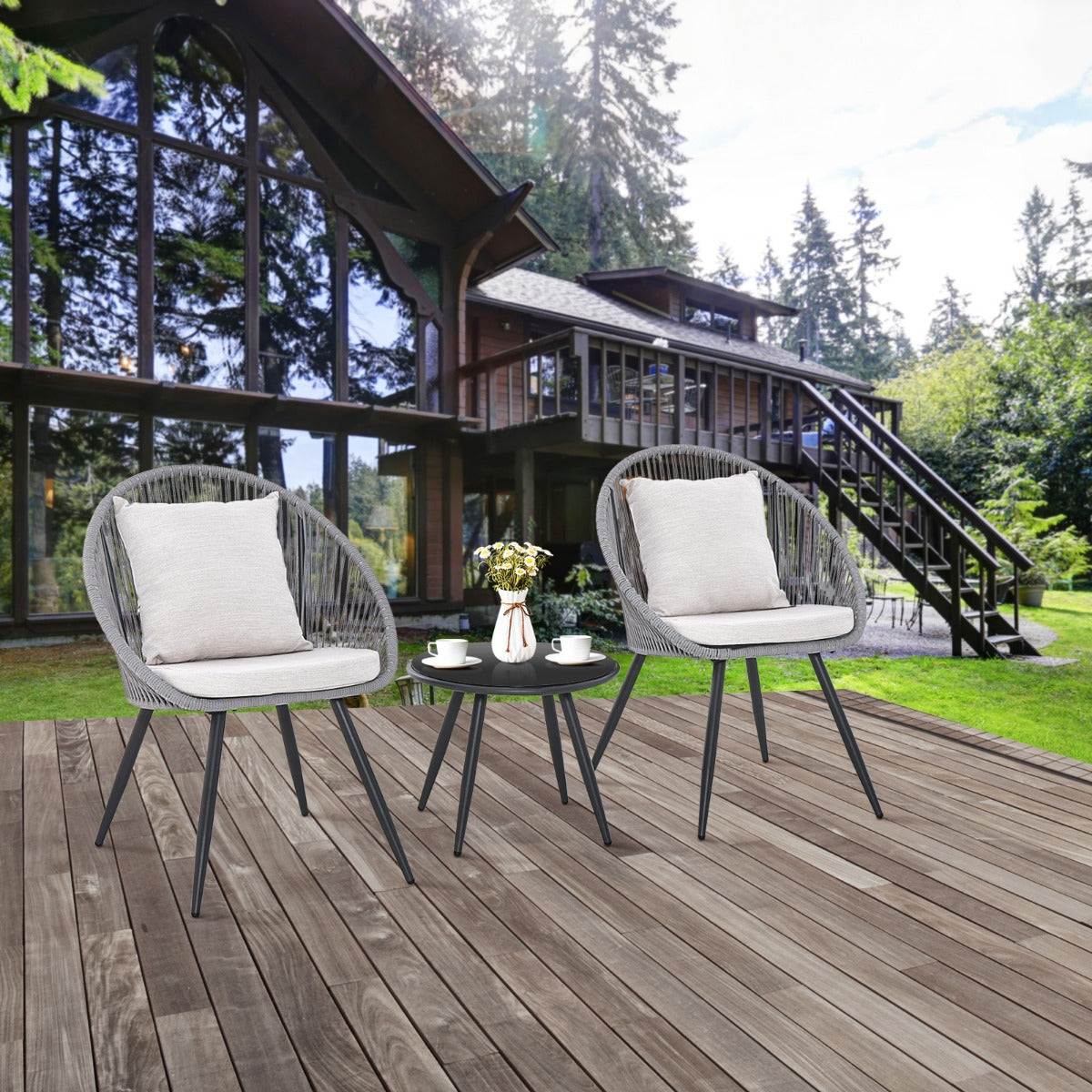 3 Piece Patio Furniture Set with Seat and Back Cushions for Backyard Porch Garden-Grey