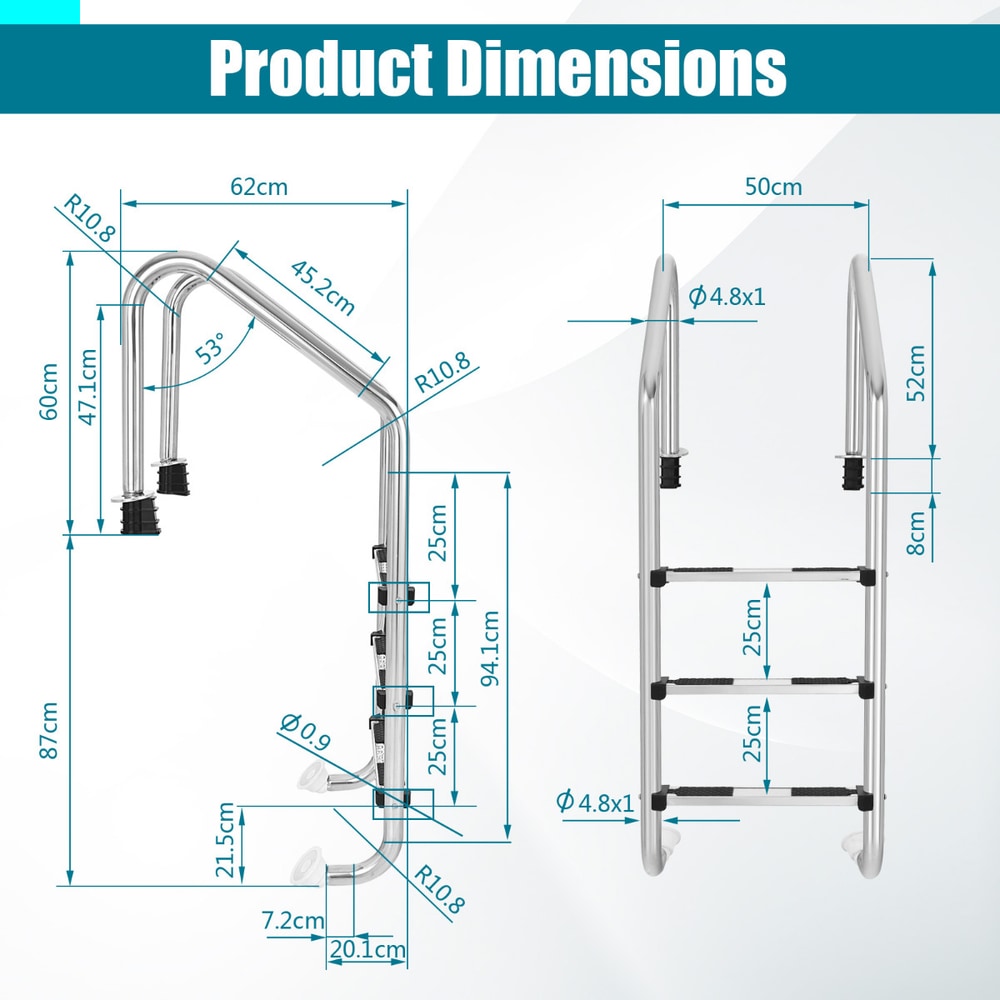 Product dimensions diagram for the stainless steel pool ladder