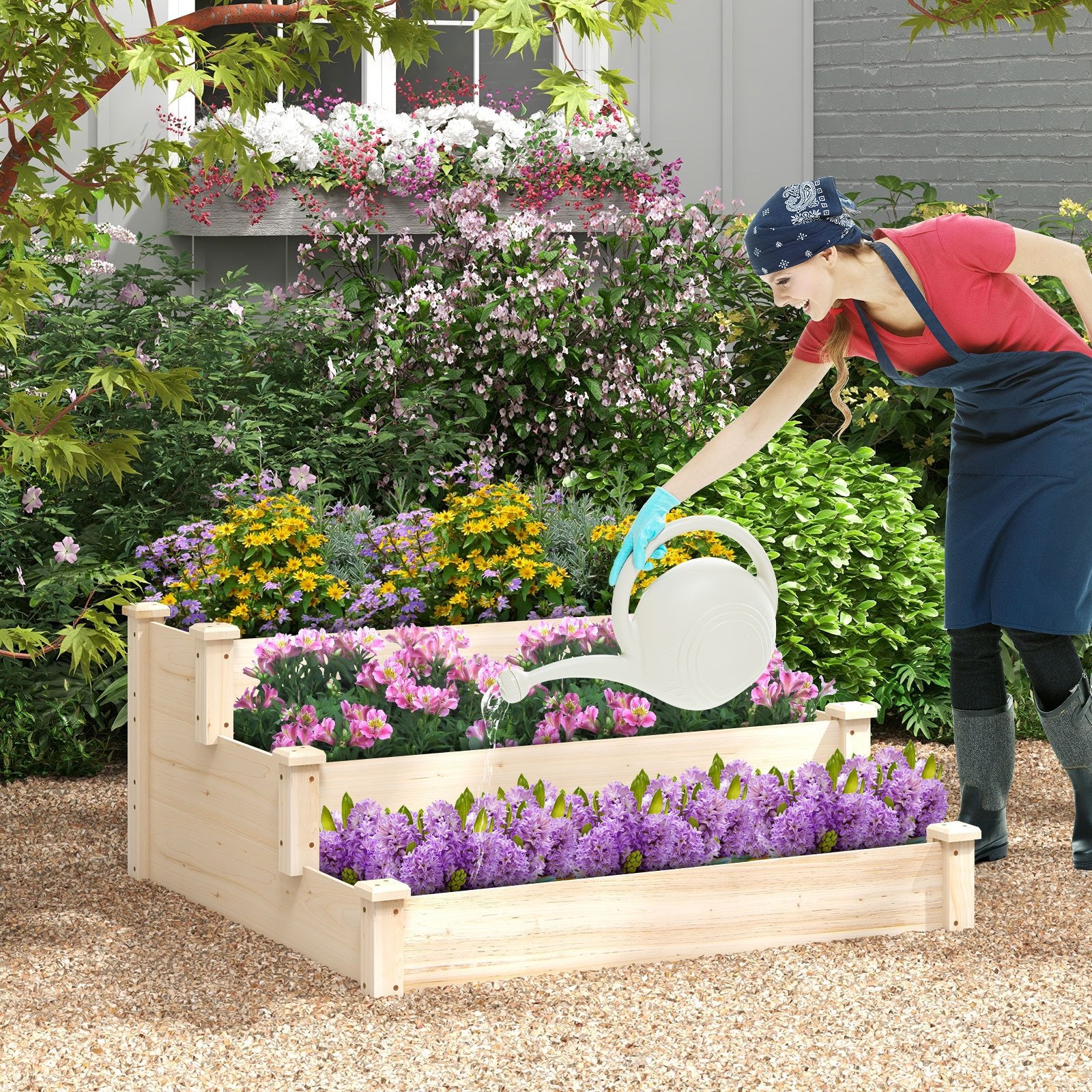 3-tier Fir Wood Raised Garden Bed with Open-ended Base