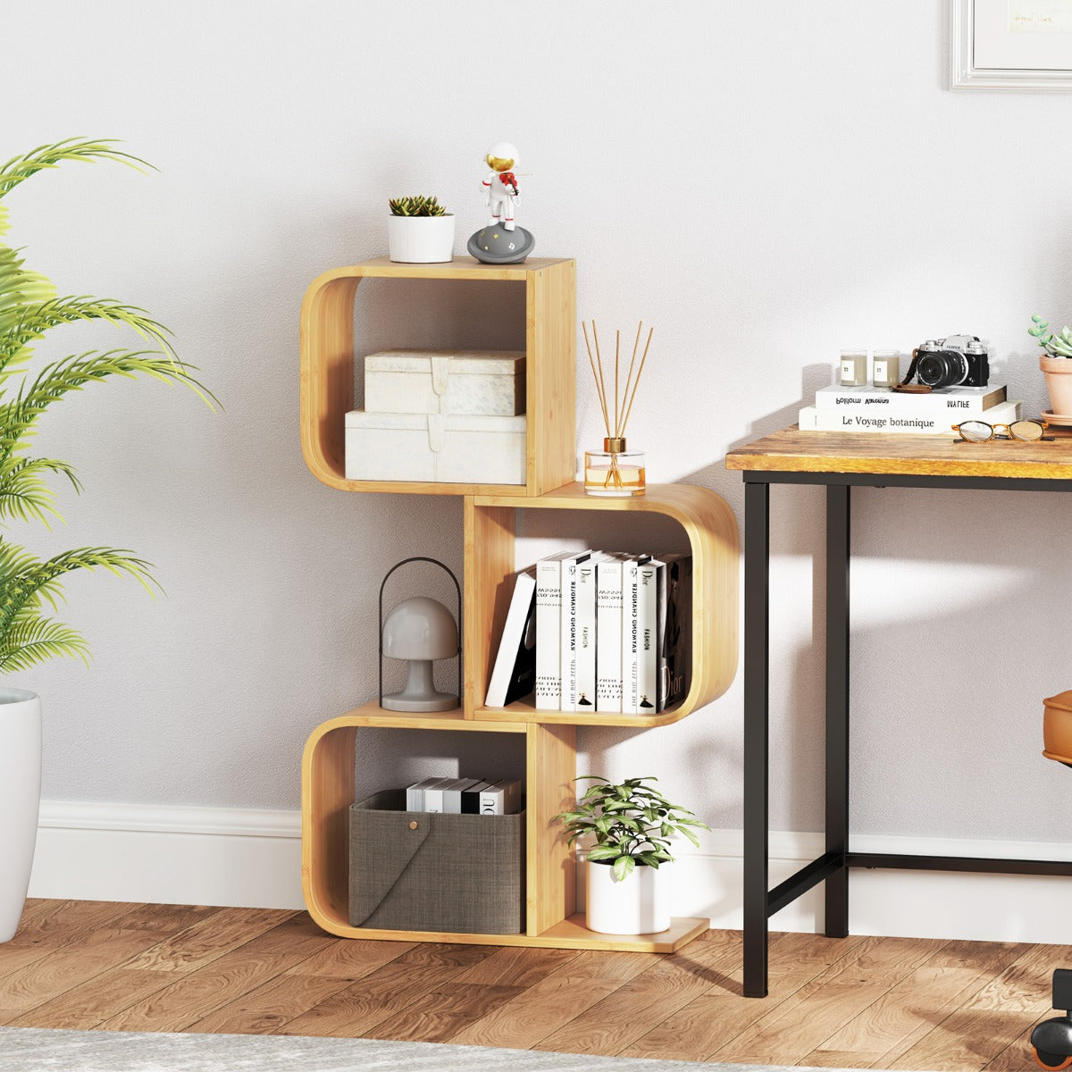 S-Shaped Bookcase Bamboo Bookshelf with 2 Open Cubes-3-Tier
